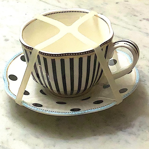 GRACES TEAWARE FLAT CUP SAUCER SET BLACK STRIPE & DOTS METALLIC GOLD DOTS NEW - Picture 8 of 14
